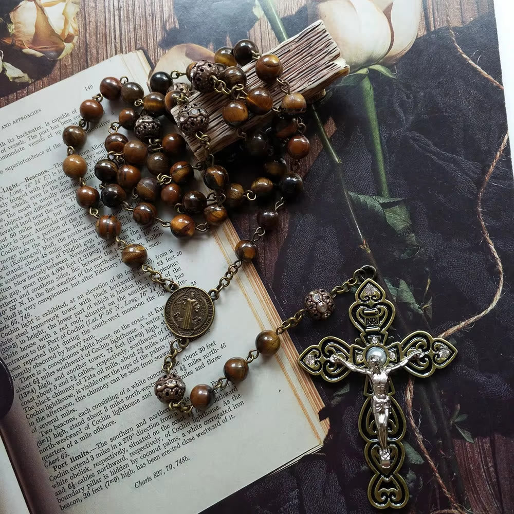 St. Benedict & Crucifix of 8 mm Round Brown Stone Alloy Chain Rosary