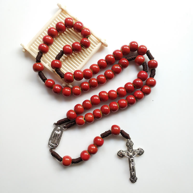 Our Lady of Guadalupe & Crucifix of 10 mm Round Red Ceramic Nylon Cord Rosary