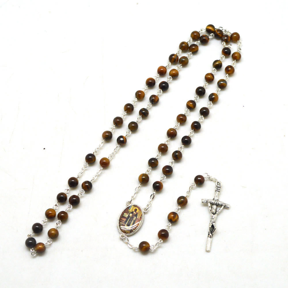 San Martin & Crucifix of 6 mm Round Brown Tiger Eye Stone Alloy Chain Rosary