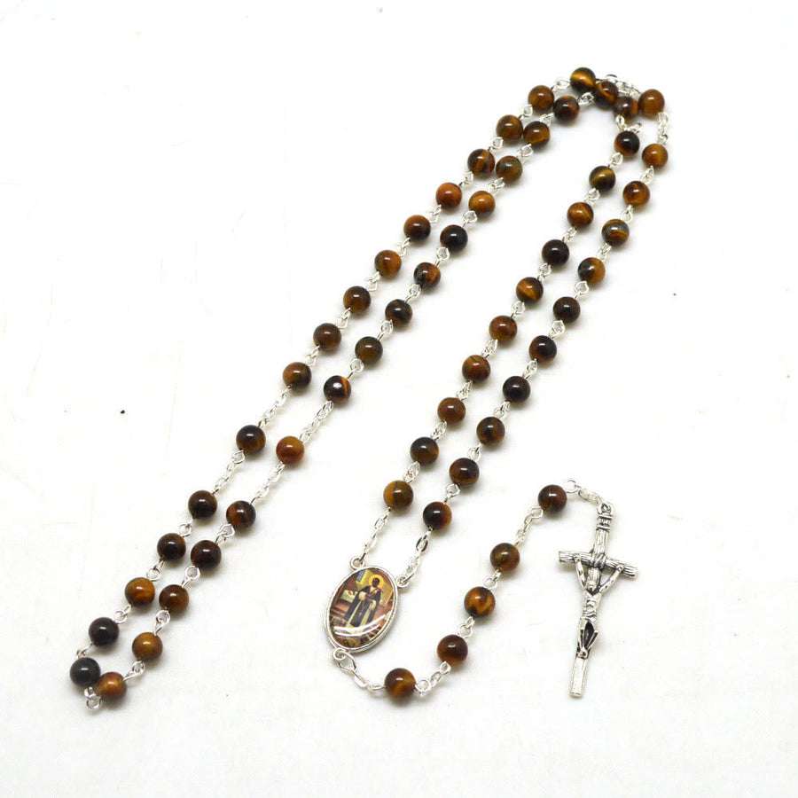 San Martin & Crucifix of 6 mm Round Brown Tiger Eye Stone Alloy Chain Rosary