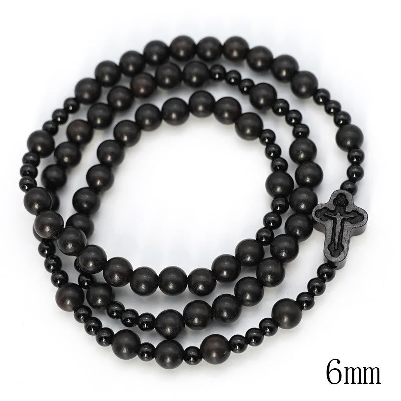 Crucifix of 6*8 mm Round Black Sandalwood Nylon Cord Rosary