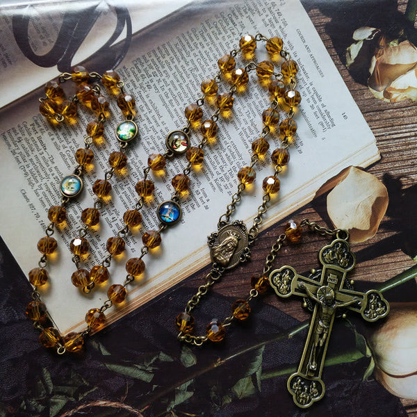 Virgin Mary & Crucifix of 8 mm Polyhedron Yellow Glass Alloy Chain Rosary