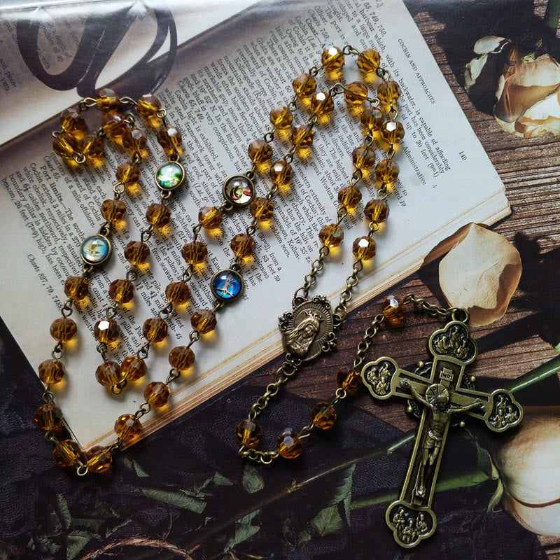 Virgin Mary & Crucifix of 8 mm Polyhedron Yellow Glass Alloy Chain Rosary