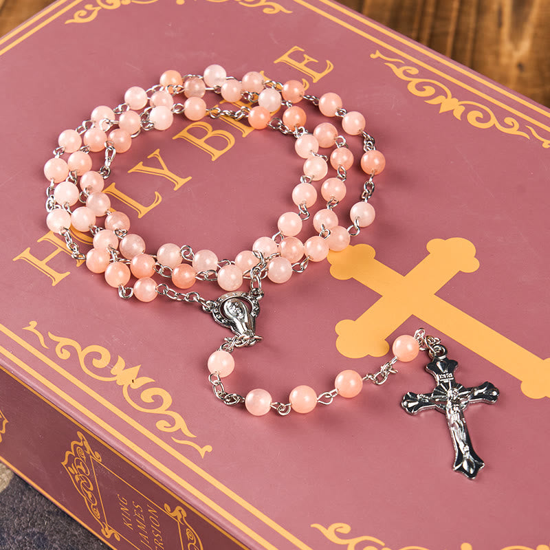 Our Lady of Rosary & Crucifix of 6 mm Round Pink Agate Alloy Chain Rosary
