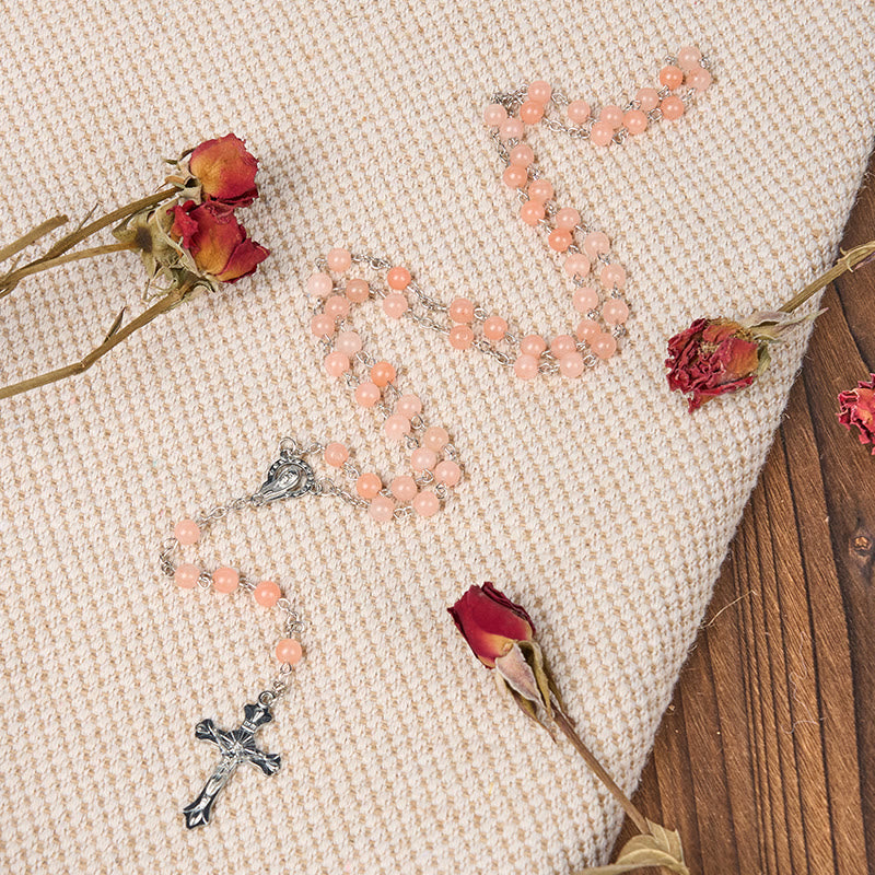 Our Lady of Rosary & Crucifix of 6 mm Round Pink Agate Alloy Chain Rosary
