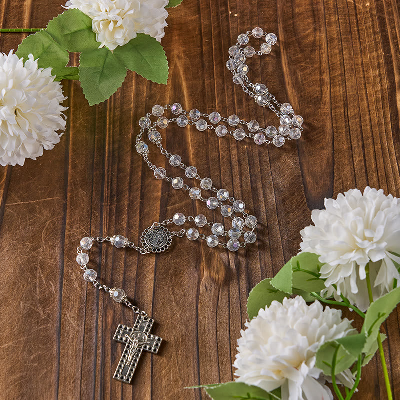 St. Benedict Medal & Crucifix of 8mm Polyhedron Clear Crystal Alloy Chain Rosary