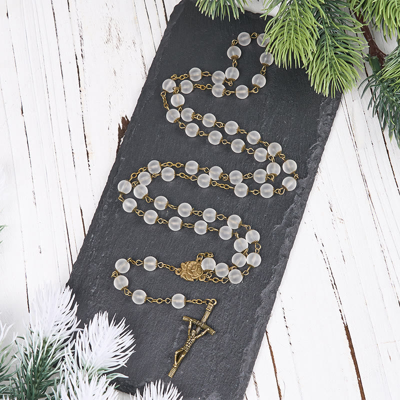 Rose & Crucifix of 8 mm Round Clear Glass Alloy Chain Rosary