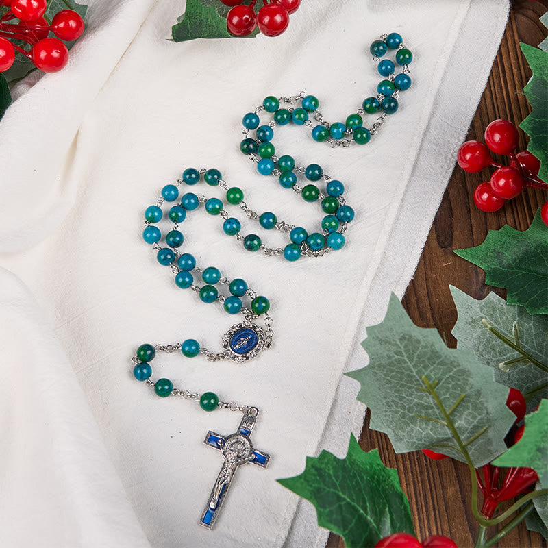 Miraculous Medal & Crucifix of 8 mm Round Green Blue Stone Alloy Chain Rosary