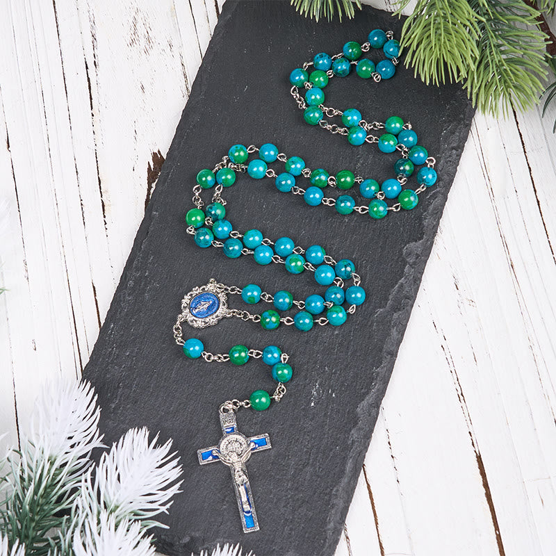 Miraculous Medal & Crucifix of 8 mm Round Green Blue Stone Alloy Chain Rosary