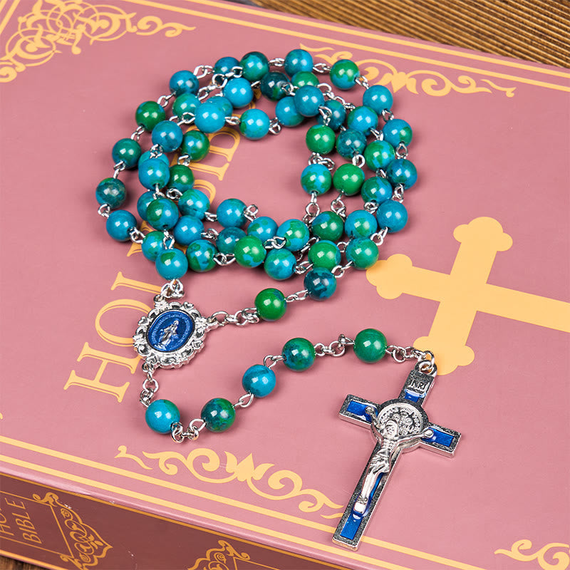 Miraculous Medal & Crucifix of 8 mm Round Green Blue Stone Alloy Chain Rosary
