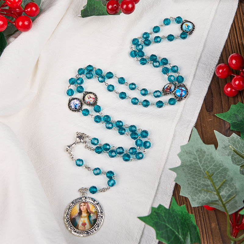 Sacred Heart of Jesus & Immaculate Heart of Mary of 8 mm Polyhedron Blue Glass Alloy Chain Rosary