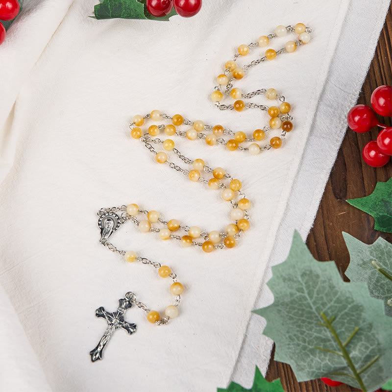 Virgin Mary & Crucifix of 8 mm Round Yellow Agate Alloy Chain Rosary