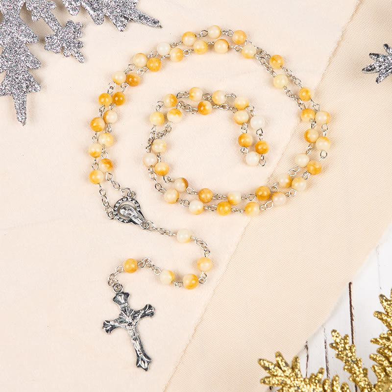 Virgin Mary & Crucifix of 8 mm Round Yellow Agate Alloy Chain Rosary