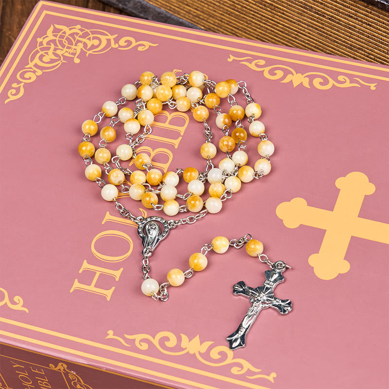 Virgin Mary & Crucifix of 8 mm Round Yellow Agate Alloy Chain Rosary