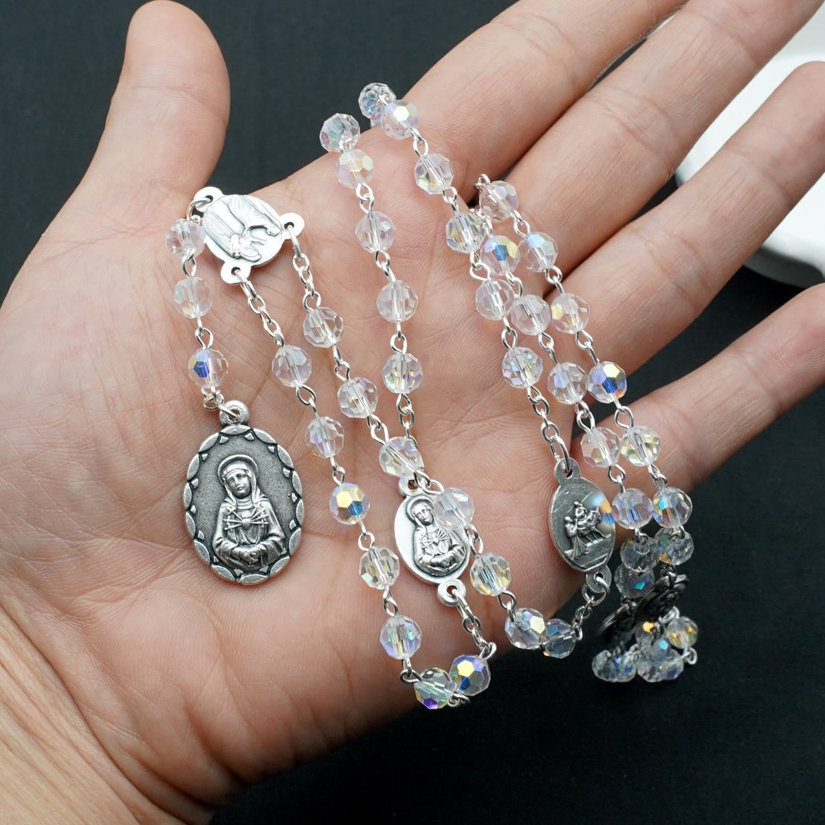 Virgin Mary of 6 mm Polyhedron Clear Crystal Alloy Chain Rosary
