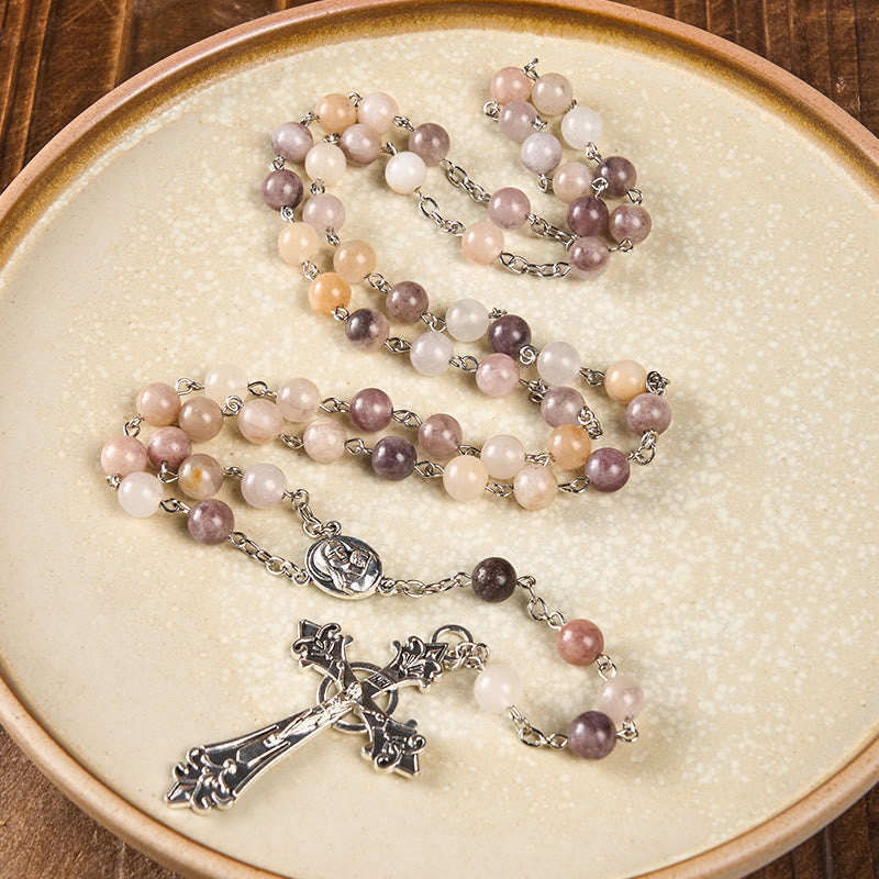 Madonna and Child & Crucifix of 8mm Round Multicolor Agate Alloy Chain Rosary