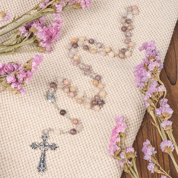 Madonna and Child & Crucifix of 8mm Round Multicolor Agate Alloy Chain Rosary