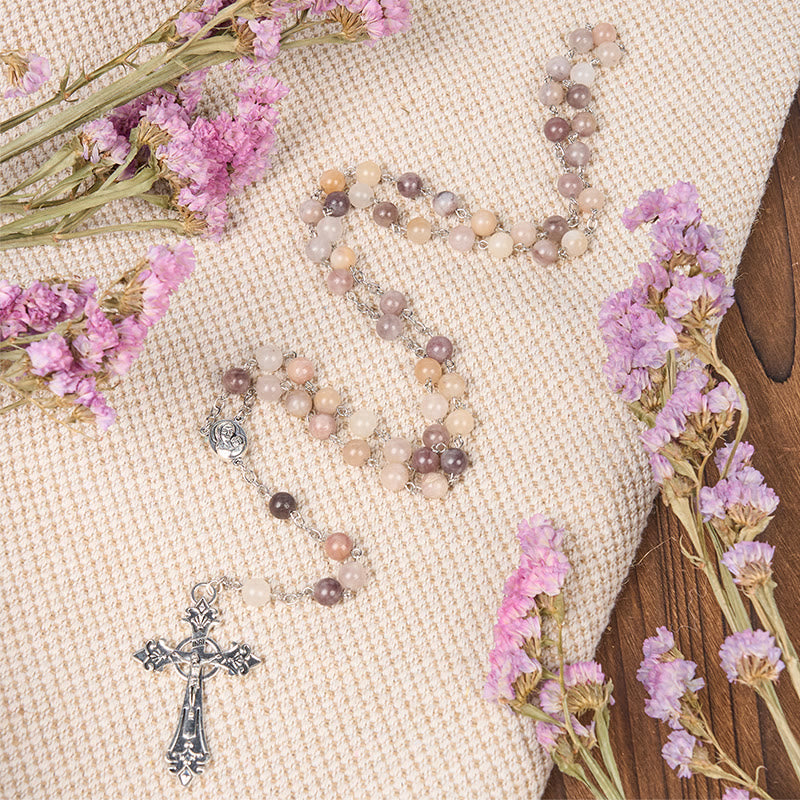 Madonna and Child & Crucifix of 8mm Round Multicolor Agate Alloy Chain Rosary