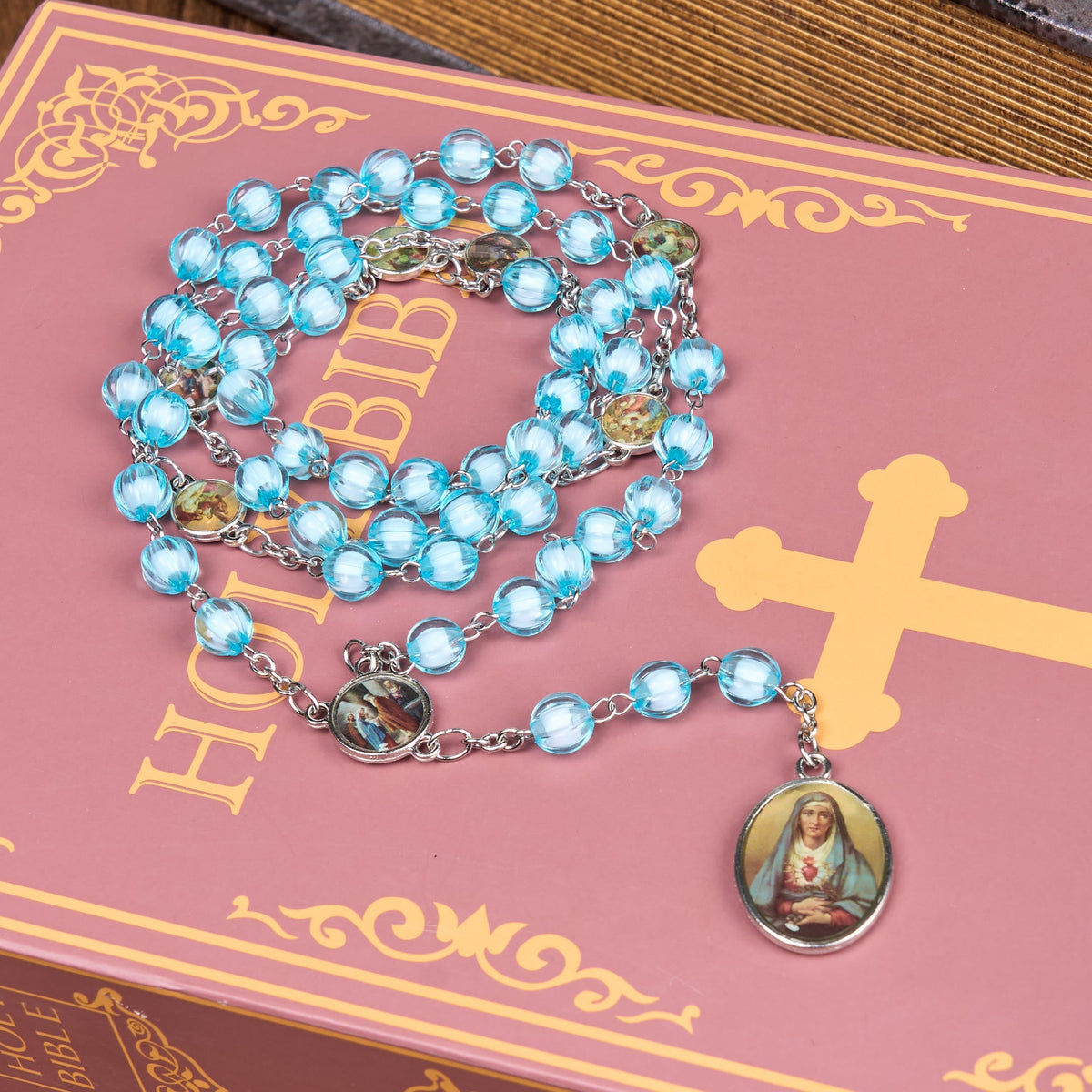 Seven Sorrow of 8 mm Round Blue Acrylic Alloy Chain Rosary