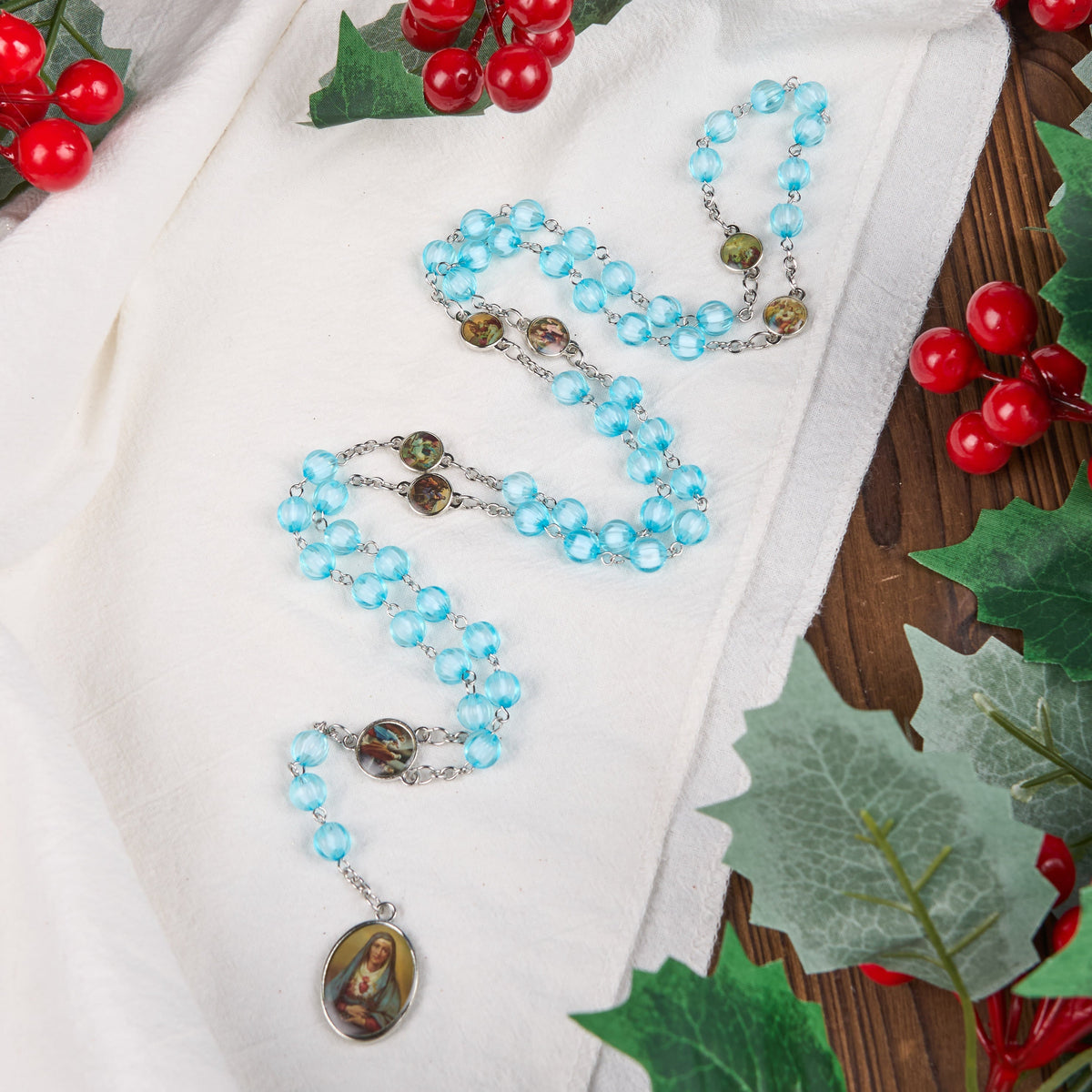 Seven Sorrow of 8 mm Round Blue Acrylic Alloy Chain Rosary