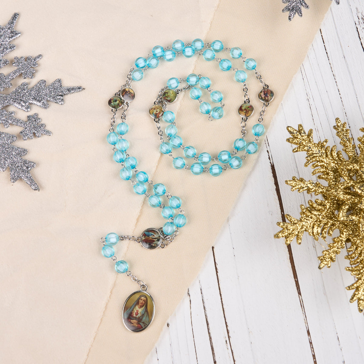 Seven Sorrow of 8 mm Round Blue Acrylic Alloy Chain Rosary