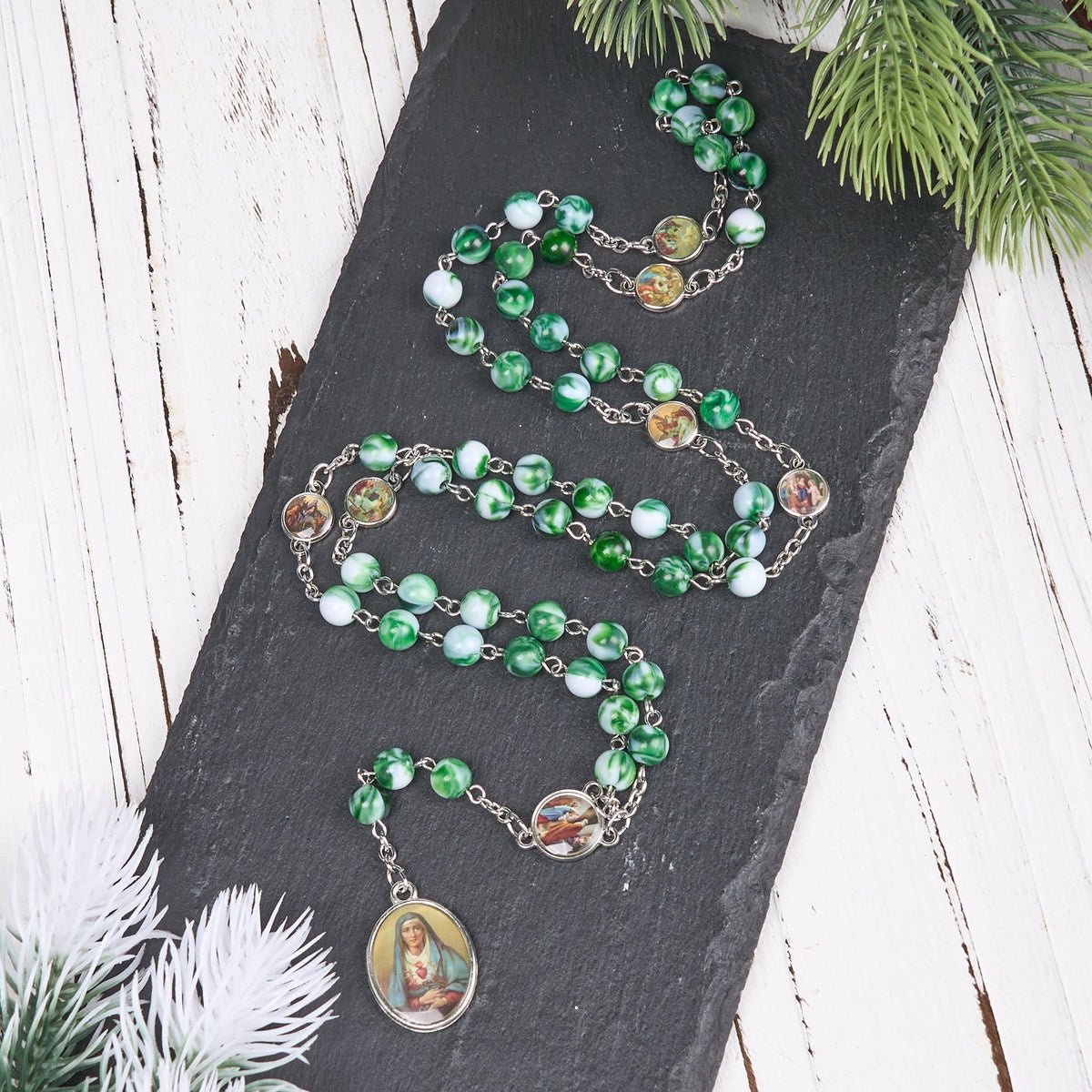Seven Sorrow of 8 mm Round Blue/Green Acrylic Alloy Chain Rosary