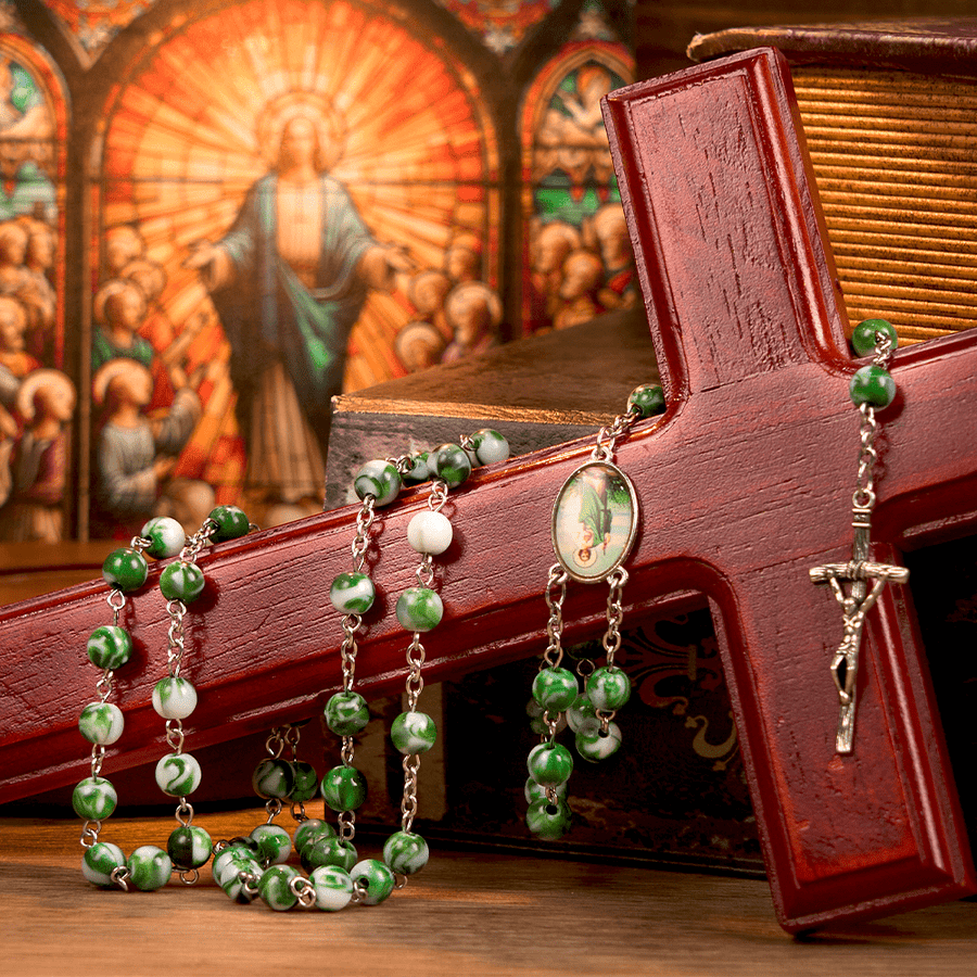 Saint Jude Thaddeus & Crucifix of 8 mm Round Green Acrylic Alloy Chain Rosary