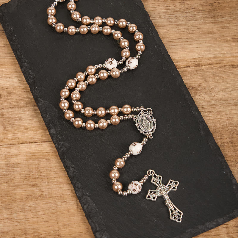 Miraculous Medal & Crucifix of 10mm Round Multicolor Pearl/Ceramics Rosary