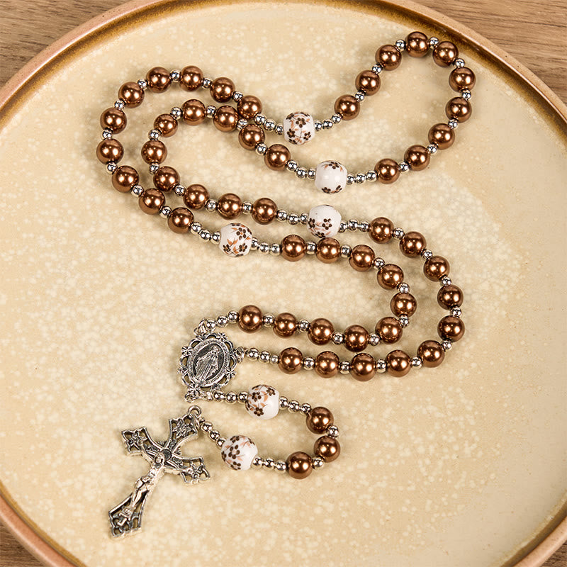 Miraculous Medal & Crucifix of 10mm Round Multicolor Pearl/Ceramics Rosary