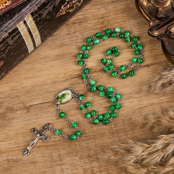 St. Jude & Crucifix of 8 mm Round Green Glass Alloy Chain Rosary