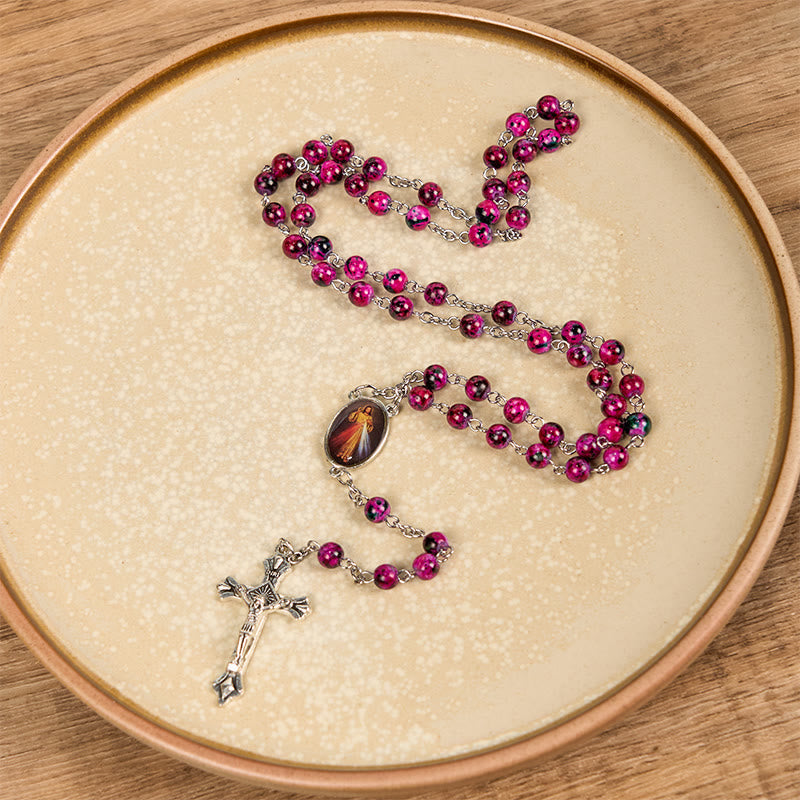 Divine Mercy & Crucifix of 8 mm Round Purple Glass Alloy Chain Rosary