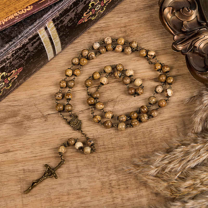 Rose & Crucifix of 8 mm Round Brown Stone Alloy Chain Rosary