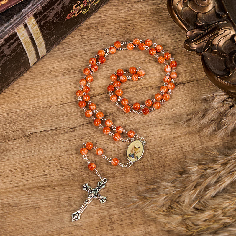 Holy Communion & Crucifix of 8 mm Round Orange Glass Alloy Chain Rosary