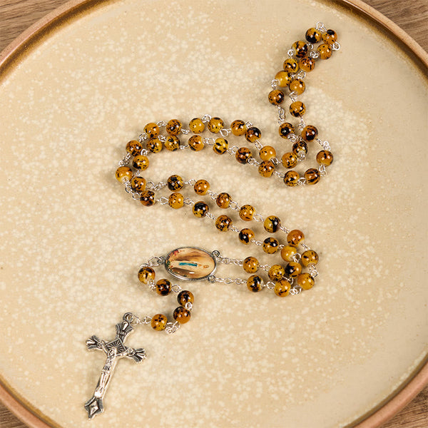 Our Lady of Fatima & Crucifix of 8 mm Round Pattern Stone Alloy Chain Rosary
