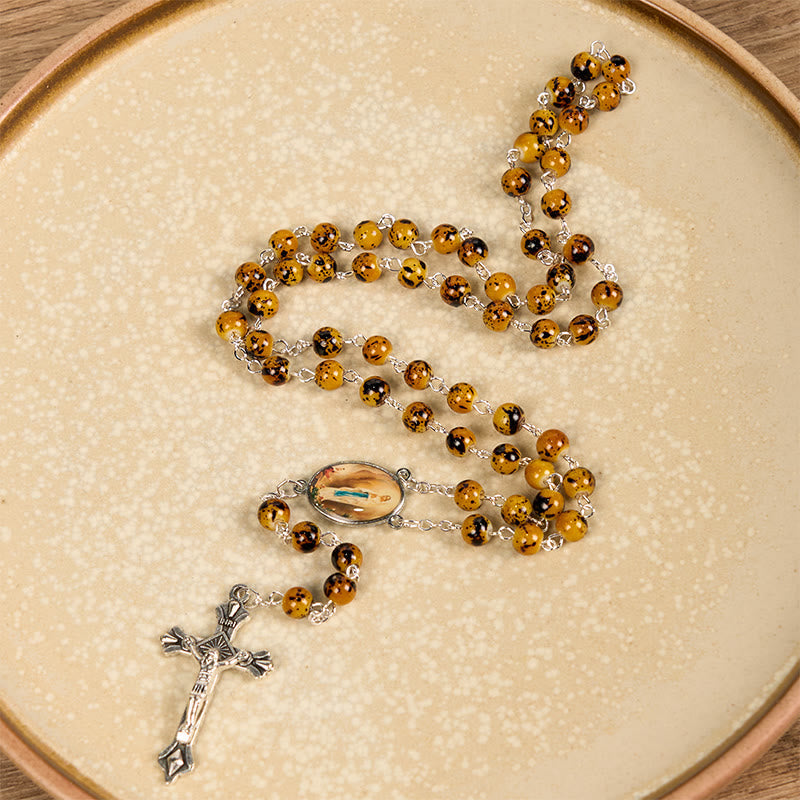 Our Lady of Fatima & Crucifix of 8 mm Round Pattern Stone Alloy Chain Rosary