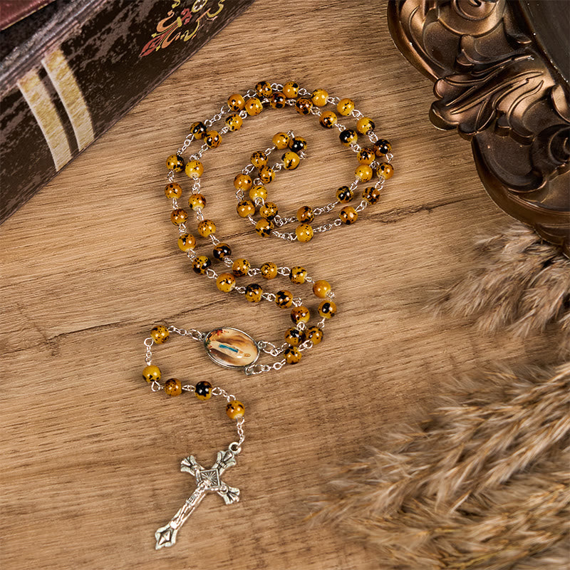 Our Lady of Fatima & Crucifix of 8 mm Round Pattern Stone Alloy Chain Rosary