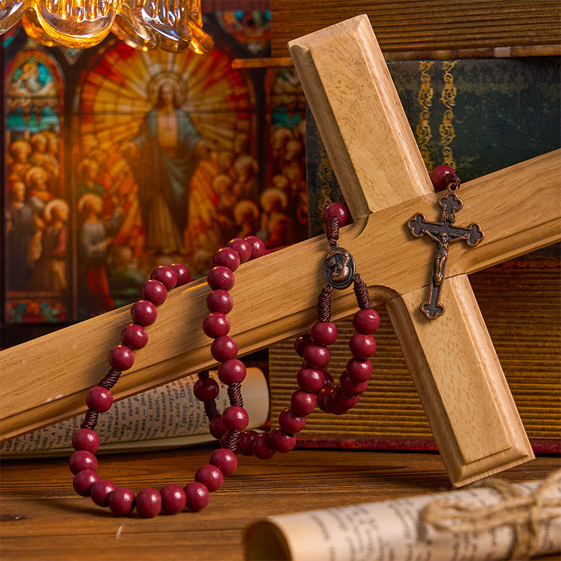Madonna and Child & Crucifix of 10mm Round Red Wood Nylon Cord Rosary
