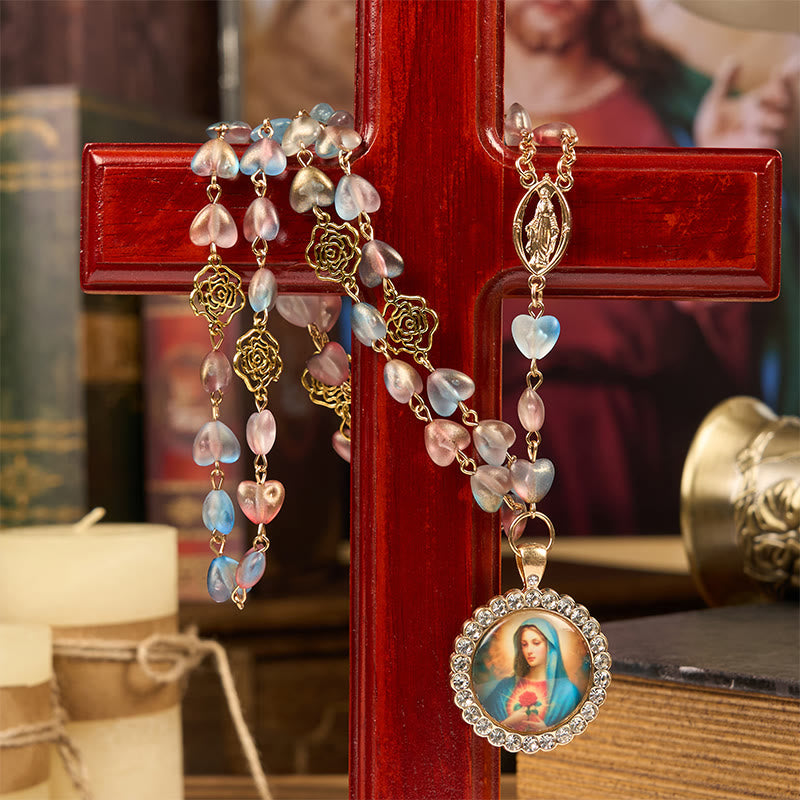 Miraculous Medal & Immaculate Heart of 10mm Heart Rose Multicolor Glass Alloy Chain Rosary