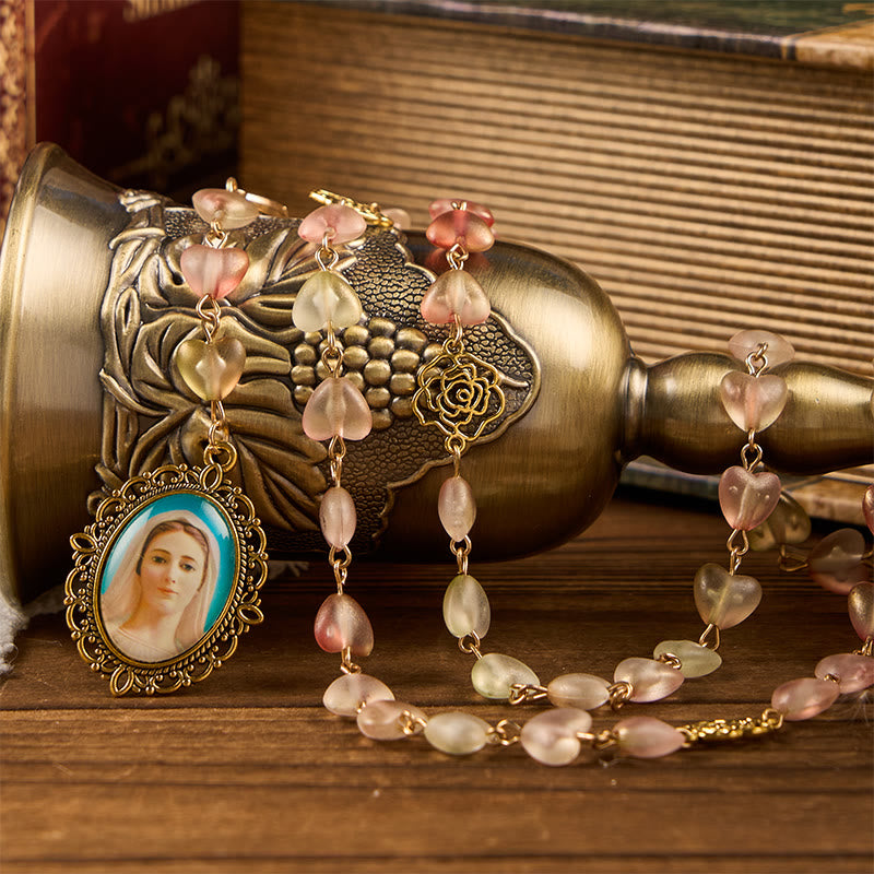 Miraculous Medal & Our Lady of 10mm Heart Rose Glass Alloy Chain Rosary