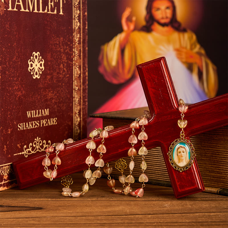 Miraculous Medal & Our Lady of 10mm Heart Rose Glass Alloy Chain Rosary