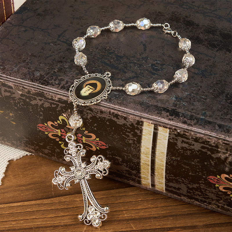 St. Charbel Medal & Cross of 10mm Clear Crystal One Decade Pocket Rosary