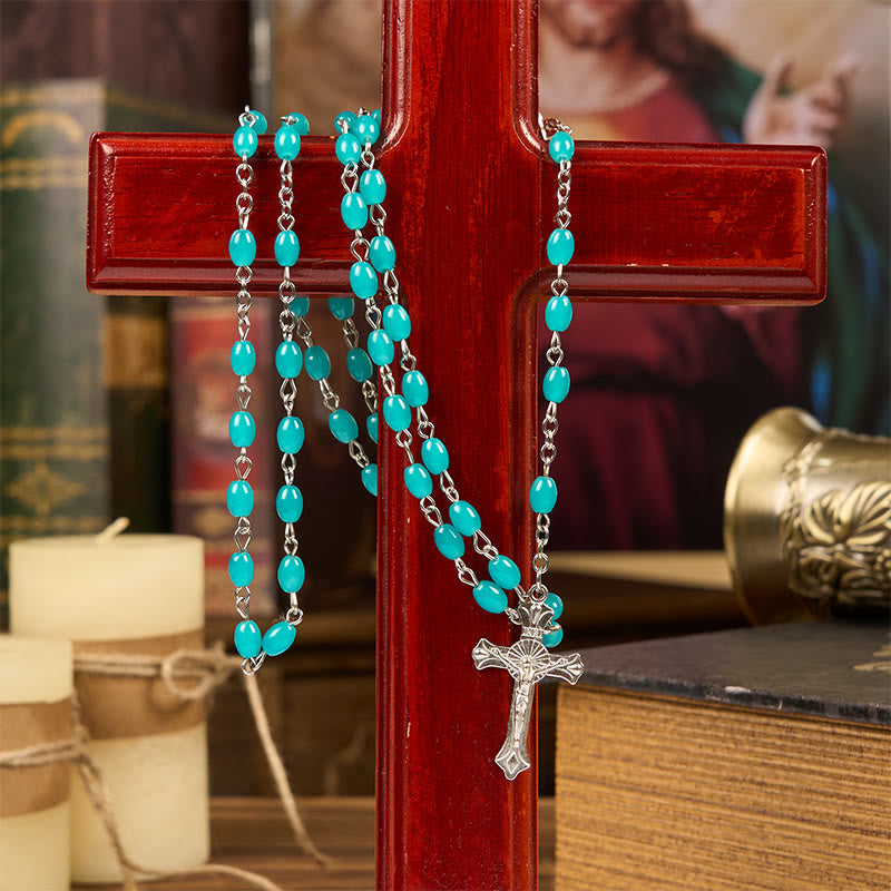 Holy Gail & Crucifix of 6mm Aqua Blue Crystal Prayer Beads Rosary