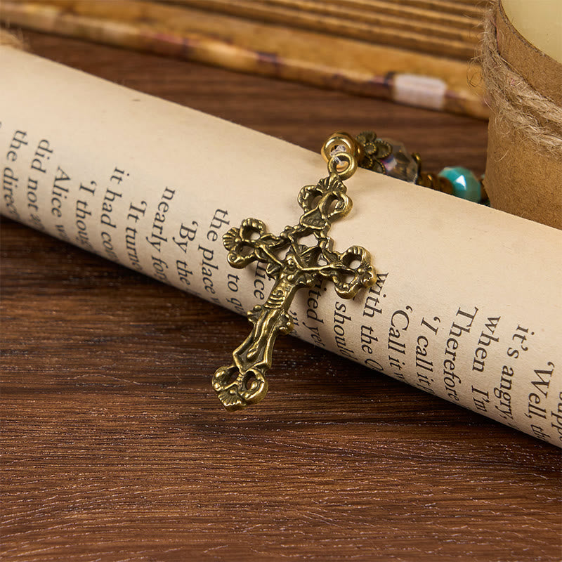 Lorraine Cross & Crucifix of 8 mm Rondelle Aquamarine Stone Nylon Cord Rosary