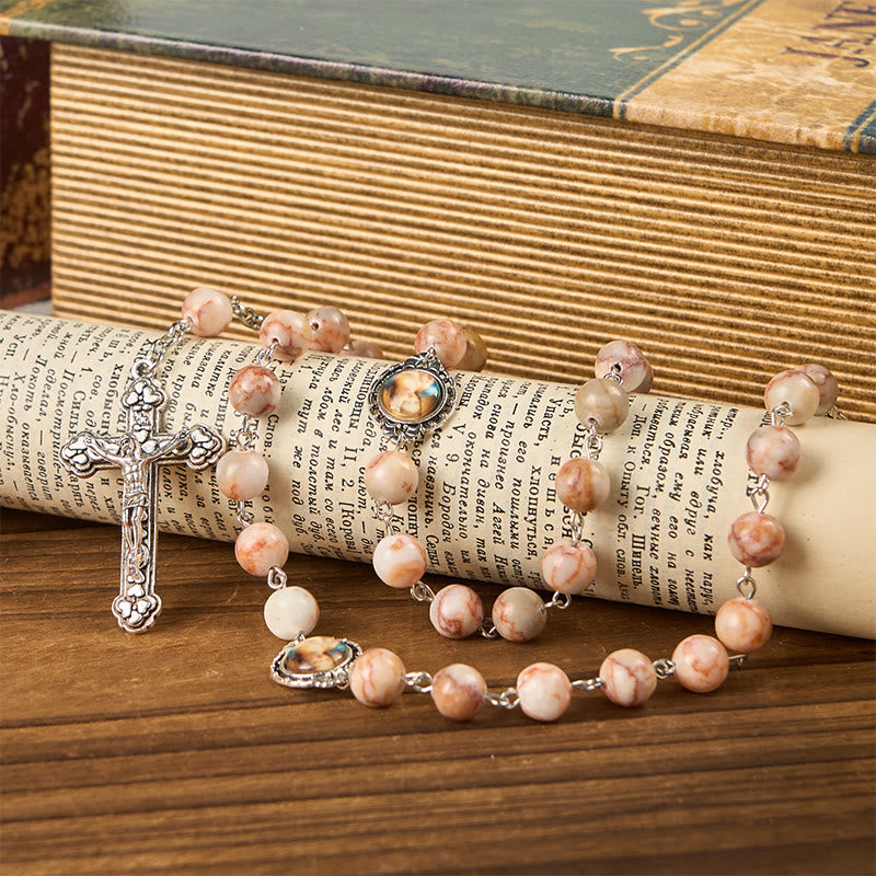 Our Lady Pray For US & Crucifix of 8mm Red Stone Prayer Beads Rosary