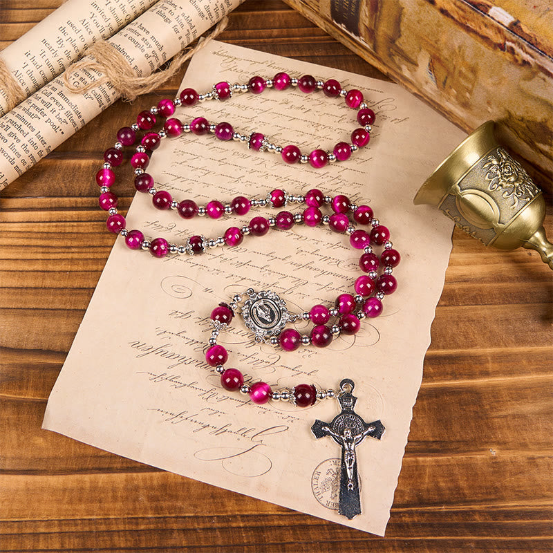 Miraculous Medal & Crucifix of 8mm Pink Tiger Eye Gemstone Beads Rosary