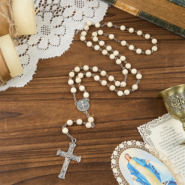 Miraculous Medal & Crucifix of 8mm White Pine Prayer Beads Rosary