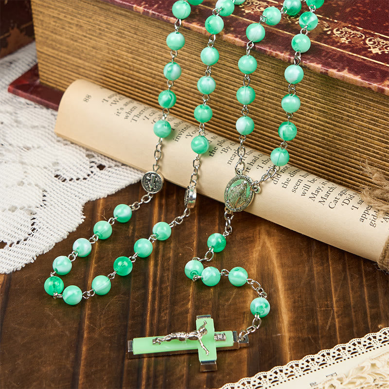 Miraculous Medal & Crucifix of 8mm Luminous Bead Rosary for Night Praying