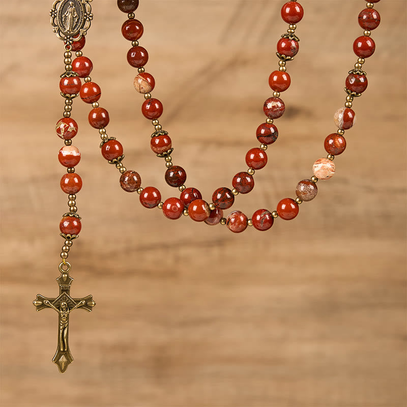 Handmade 8mm Red Jasper Gemstone Rosary with Miraculous Medal & Crucifix