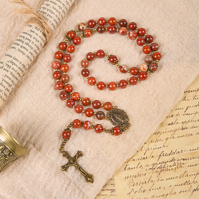 Handmade 8mm Red Jasper Gemstone Rosary with Miraculous Medal & Crucifix