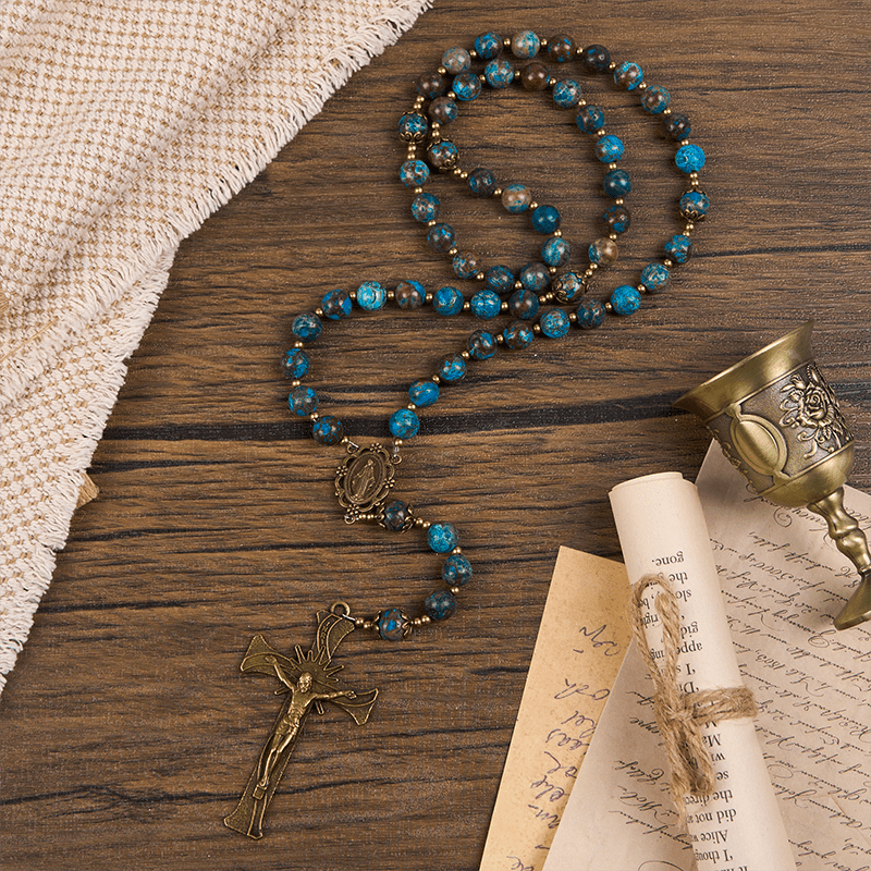 Blue Pattern Beads Handmade Rosary: Miraculous Medal & Crucifix of 8mm Authentic Larimar Stone